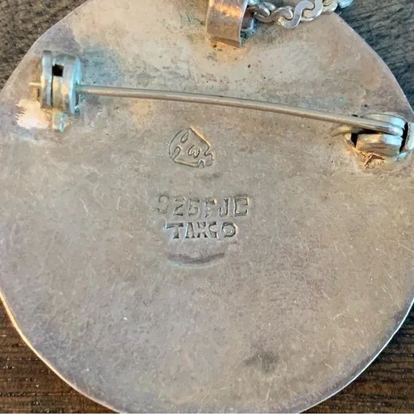 Sterling Silver Necklace Crushed Turquoise Pendant Brooch Vtg Stamp 925 FJCTaxco - Picture 6 of 7